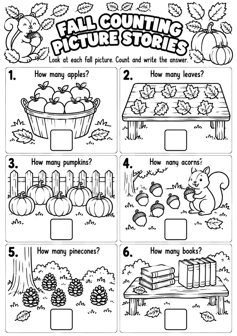 FALL COUNTING PICTURE STORIES for Kindergarten, 1st Grade