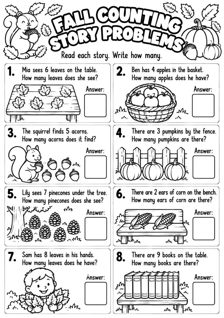FALL COUNTING STORY PROBLEMS for Kindergarten, 1st Grade