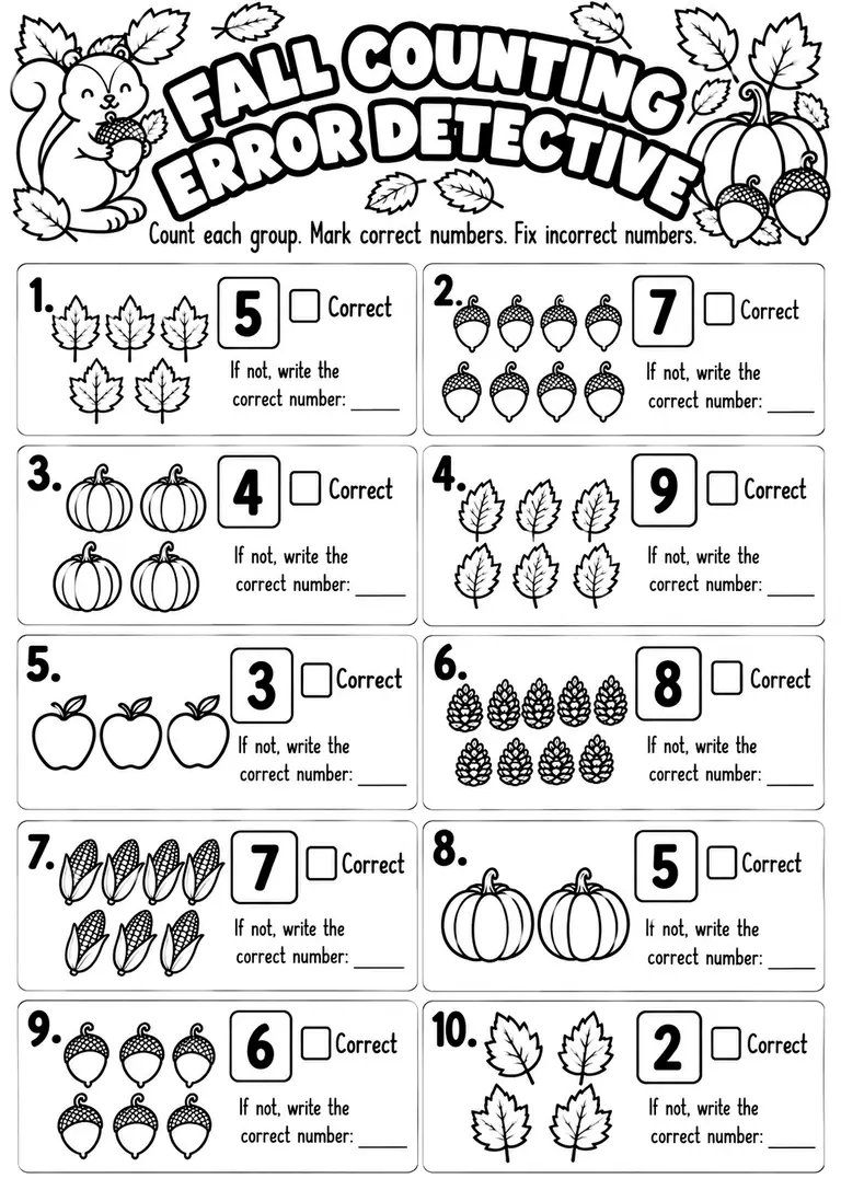 FALL COUNTING ERROR DETECTIVE for Kindergarten, 1st Grade