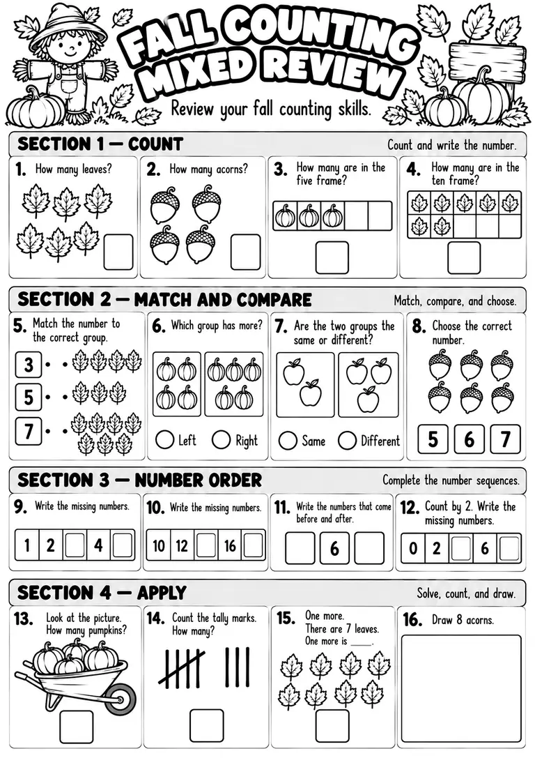 FALL COUNTING MIXED REVIEW for Kindergarten, 1st Grade