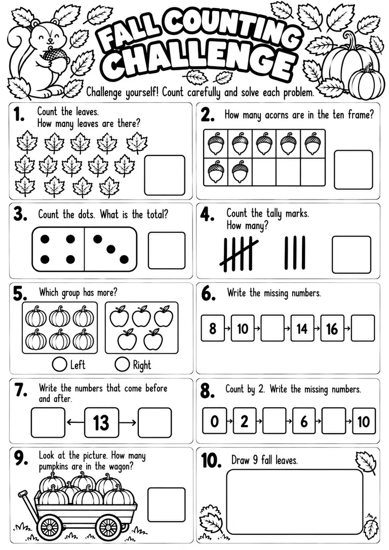 FALL COUNTING CHALLENGE for Kindergarten, 1st Grade