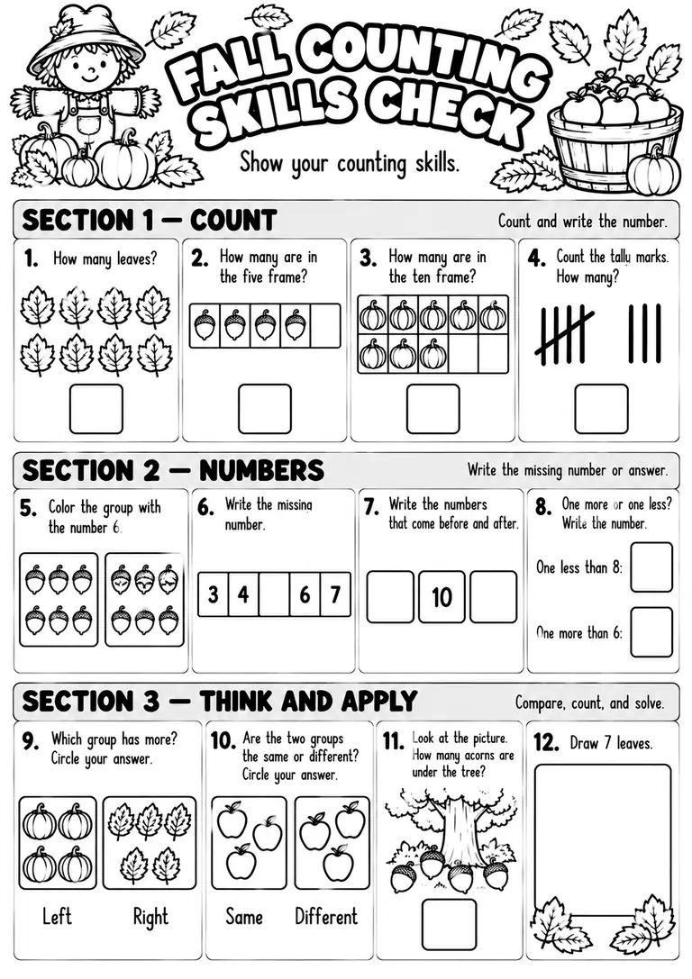 FALL COUNTING SKILLS CHECK for Kindergarten, 1st Grade