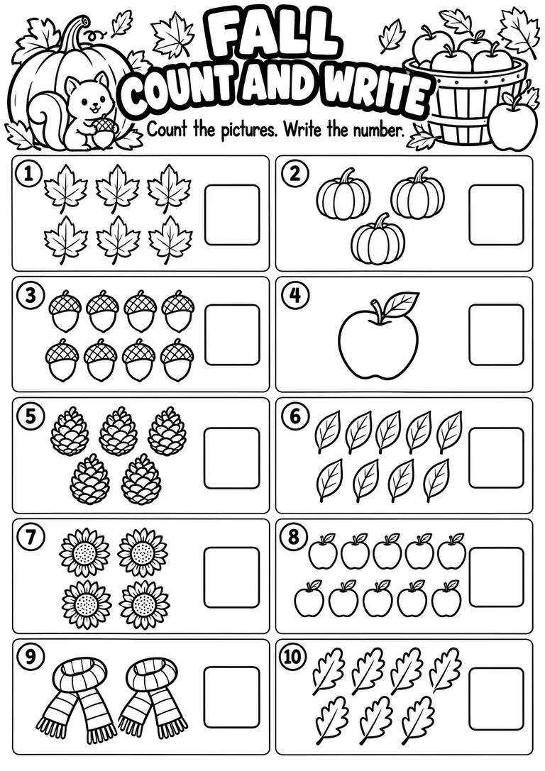 Fall Count and Write for Kindergarten, 1st Grade