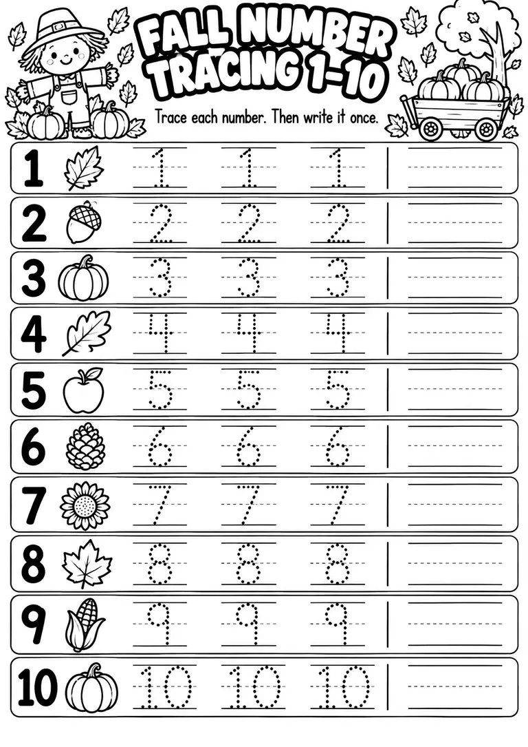 Fall Number Tracing 1–10 for Kindergarten, 1st Grade