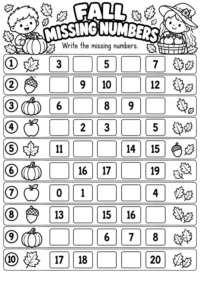 Fall Missing Numbers for Kindergarten, 1st Grade
