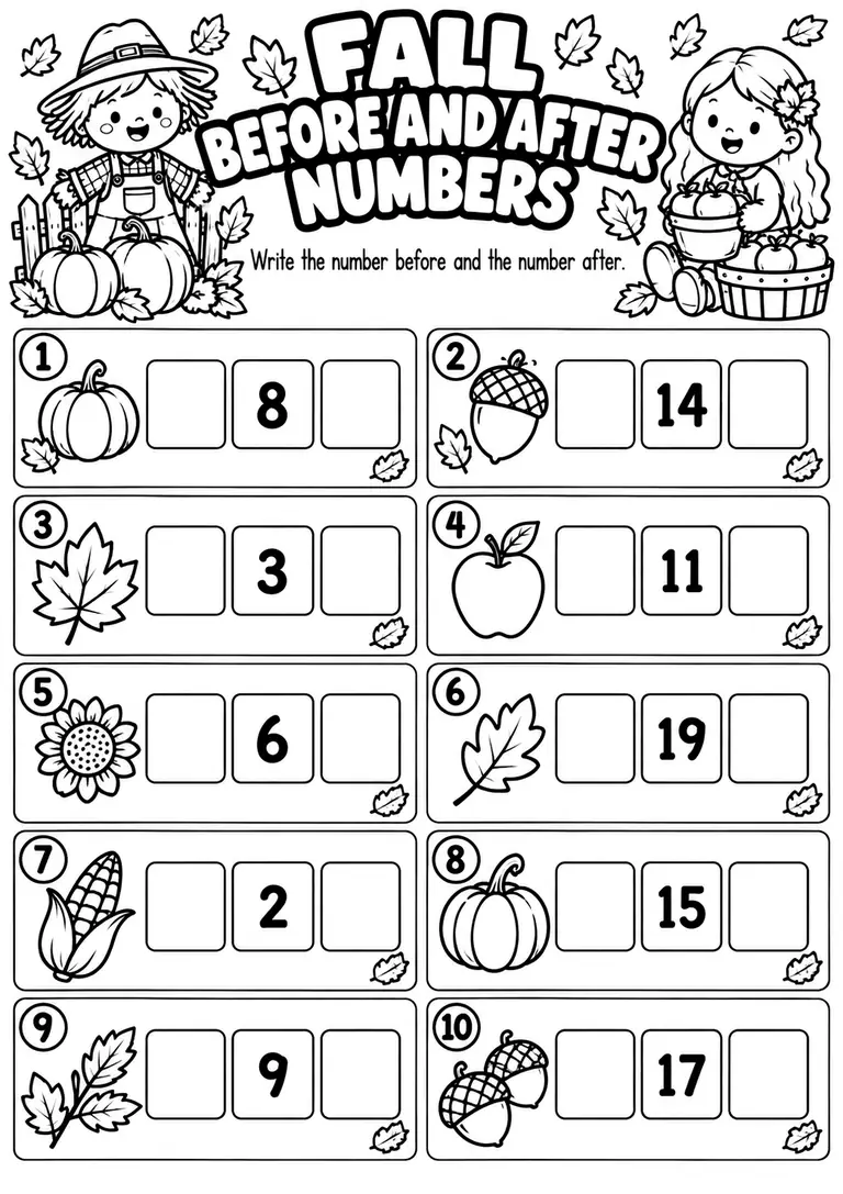 Fall Before and After Numbers for Kindergarten, 1st Grade