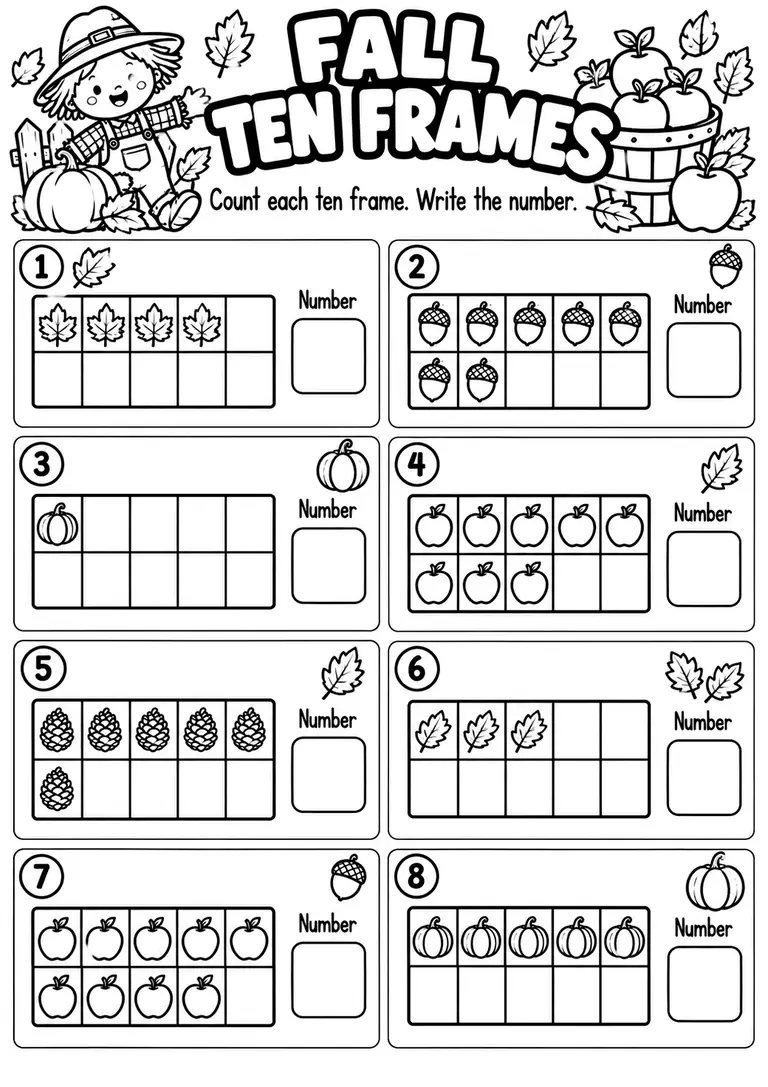 Fall Ten Frames for Kindergarten, 1st Grade