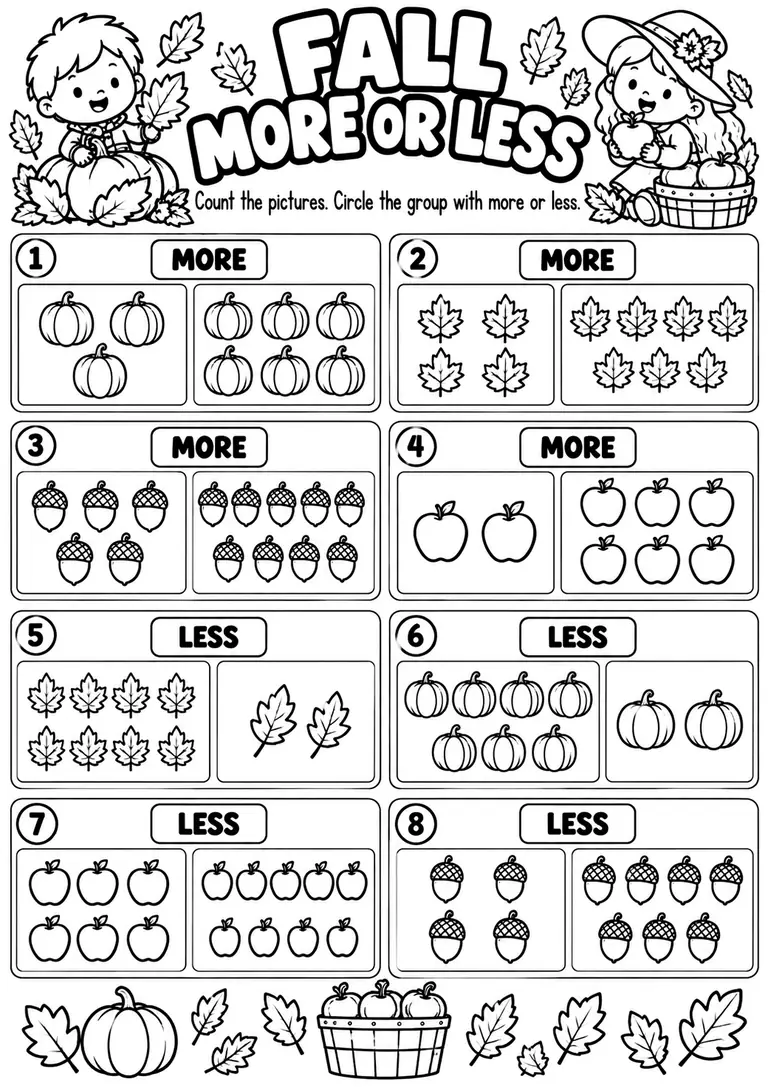 Fall More or Less for Kindergarten, 1st Grade