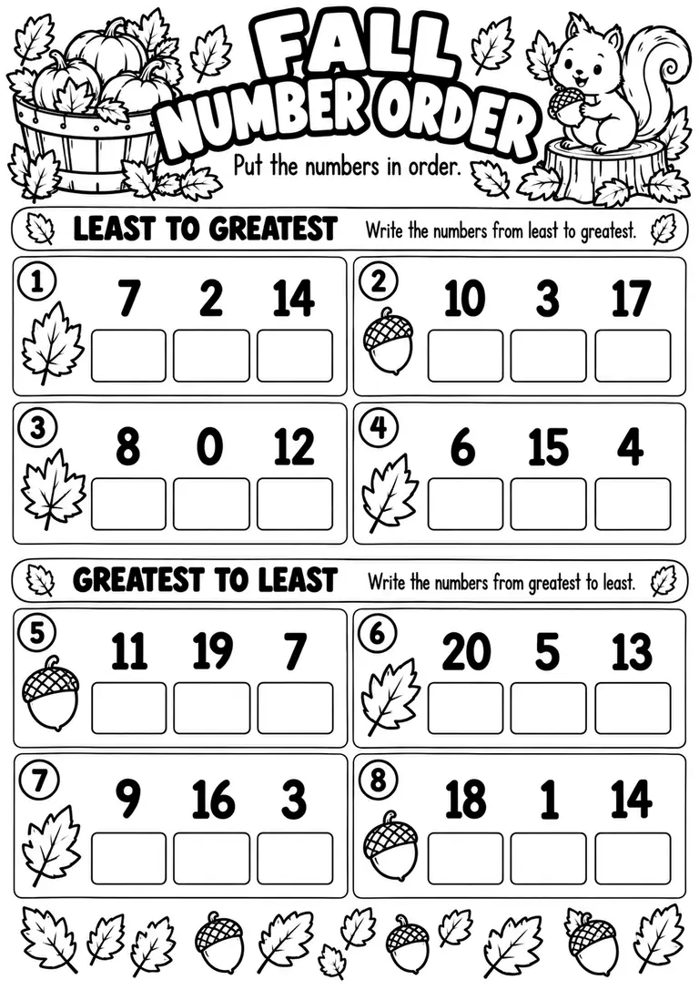 Fall Number Order for Kindergarten, 1st Grade