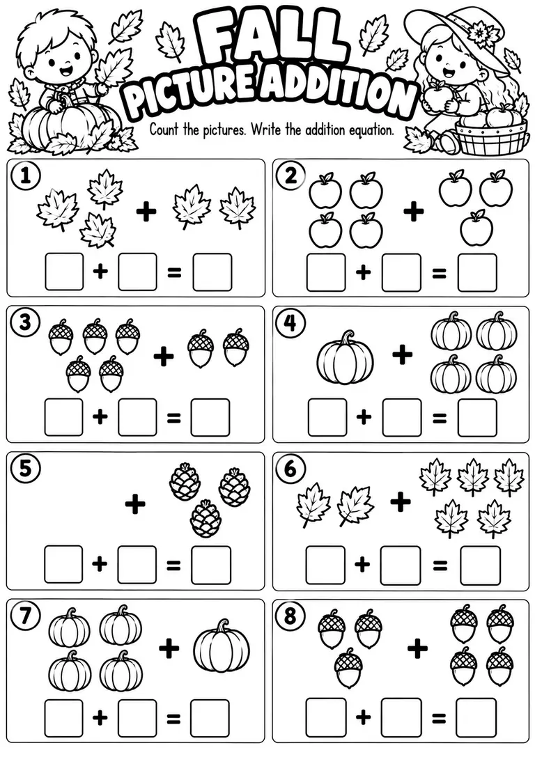 Fall Picture Addition for Kindergarten, 1st Grade