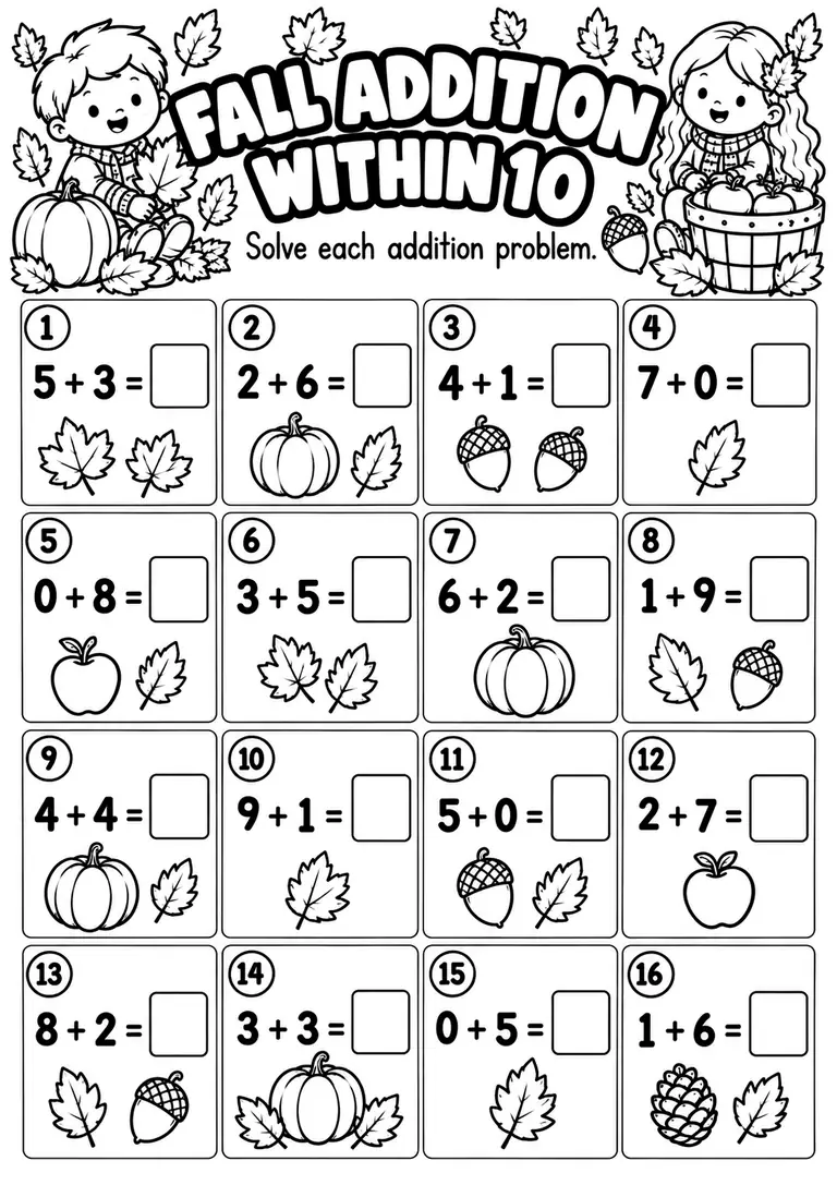 Fall Addition Within 10 for Kindergarten, 1st Grade
