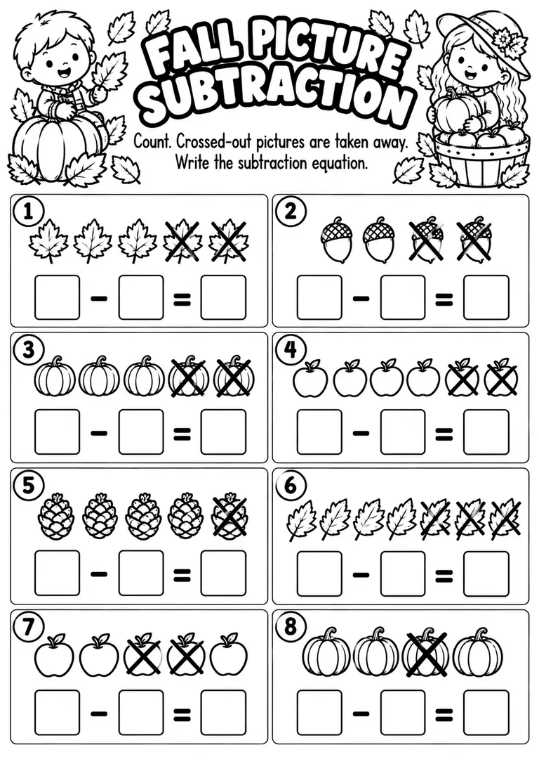 Fall Picture Subtraction for Kindergarten, 1st Grade