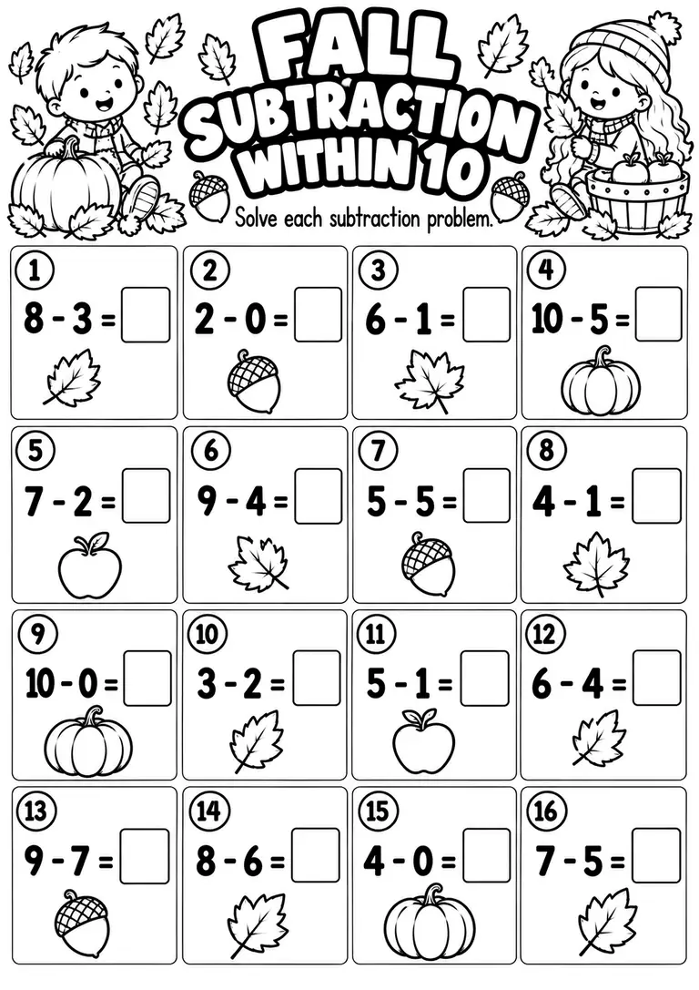 Fall Subtraction Within 10 for Kindergarten, 1st Grade