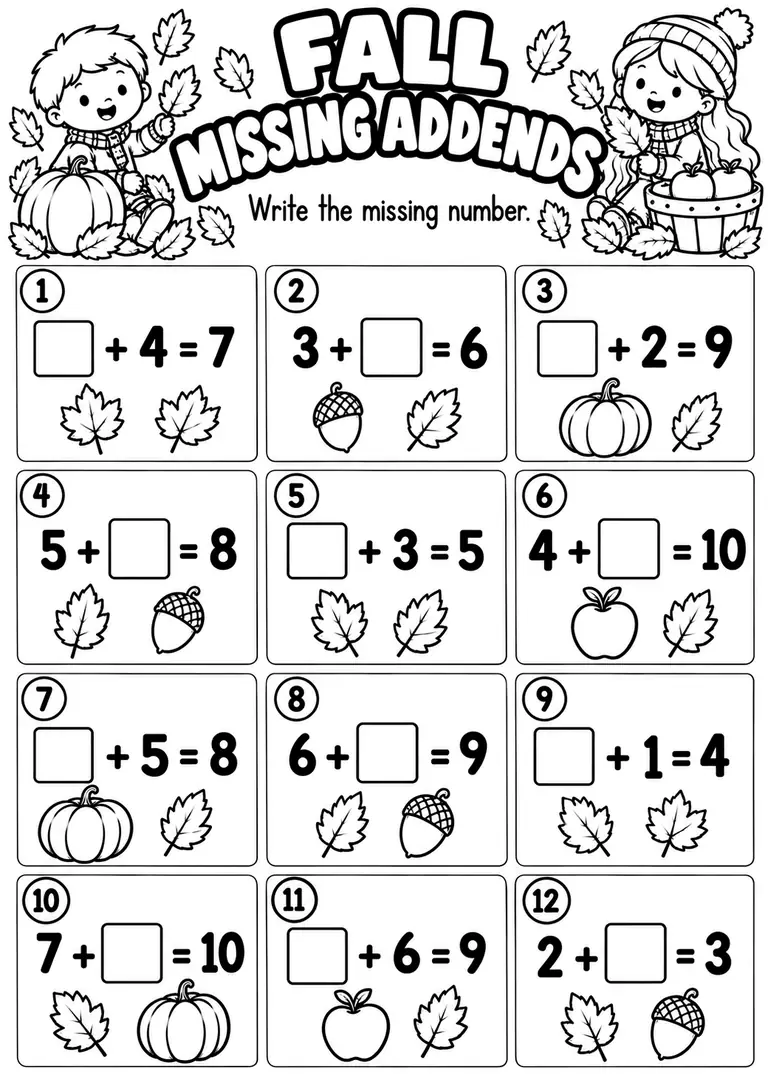 Fall Missing Addends for Kindergarten, 1st Grade