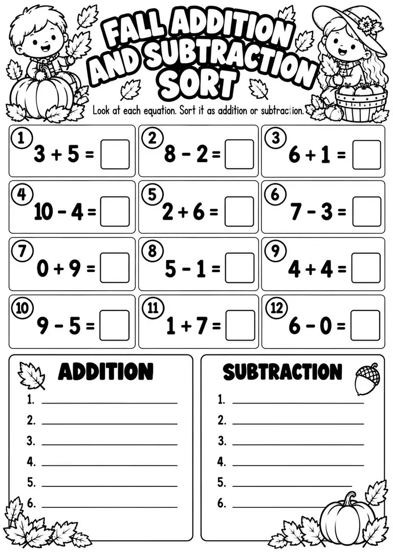 Fall Addition and Subtraction Sort for Kindergarten, 1st Grade