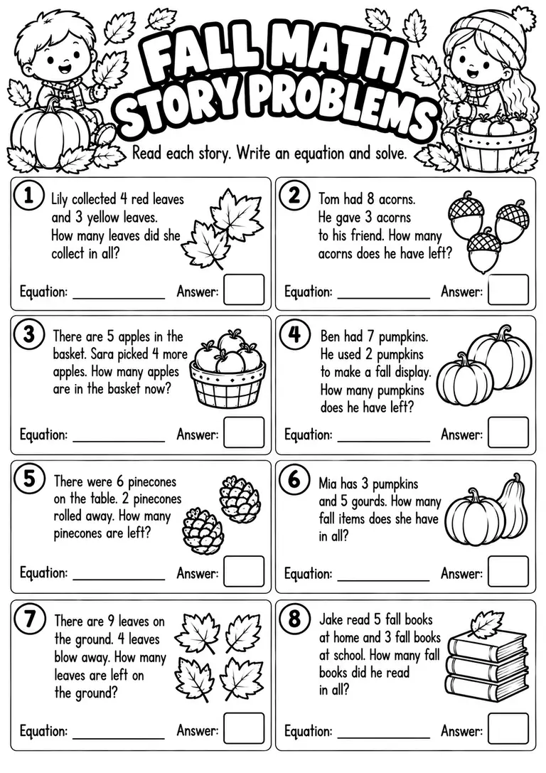 Fall Math Story Problems for Kindergarten, 1st Grade