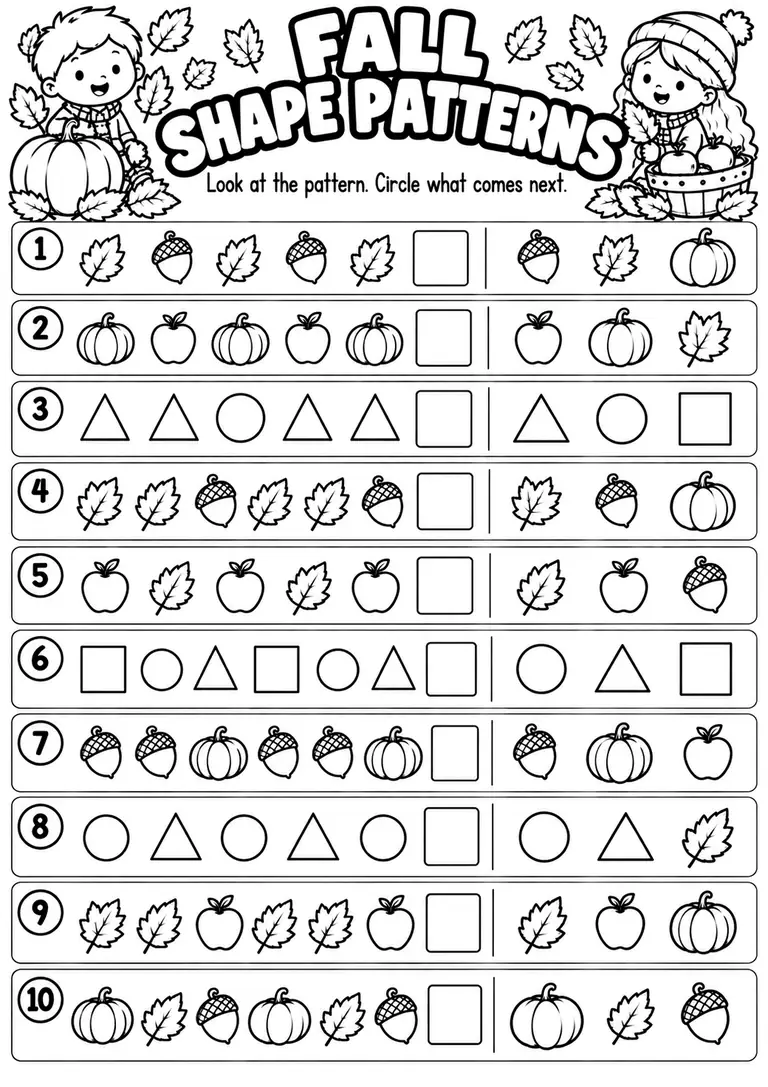 Fall Shape Patterns for Kindergarten, 1st Grade