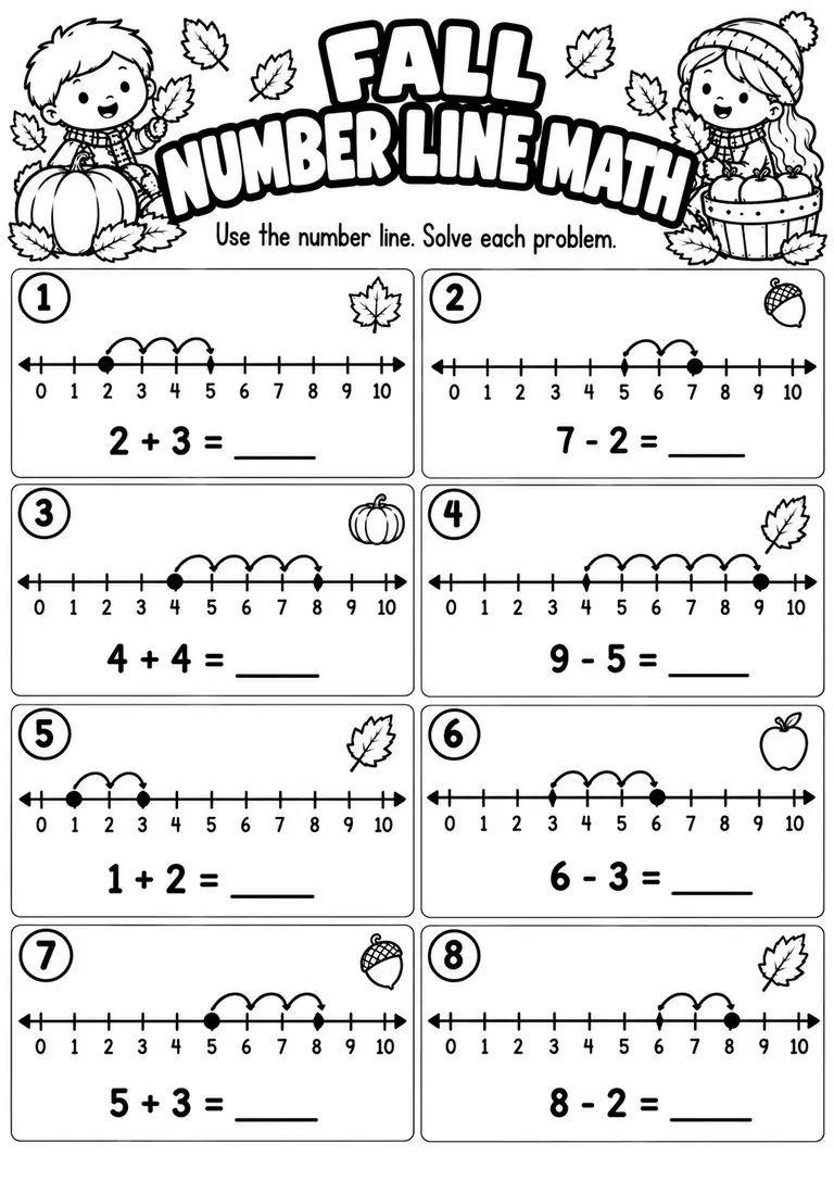 Fall Number Line Math for Kindergarten, 1st Grade