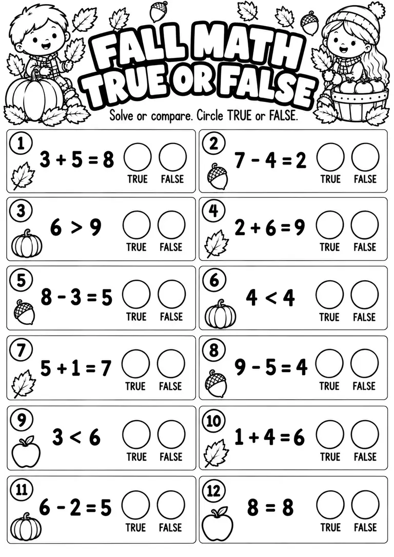 Fall Math True or False for Kindergarten, 1st Grade
