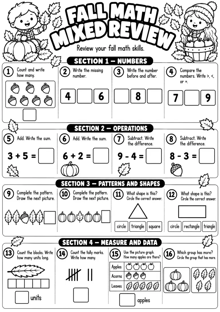 Fall Math Mixed Review for Kindergarten, 1st Grade