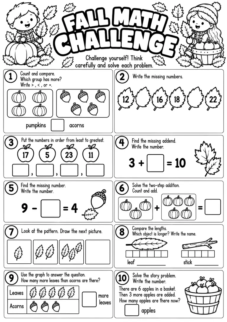 Fall Math Challenge for Kindergarten, 1st Grade