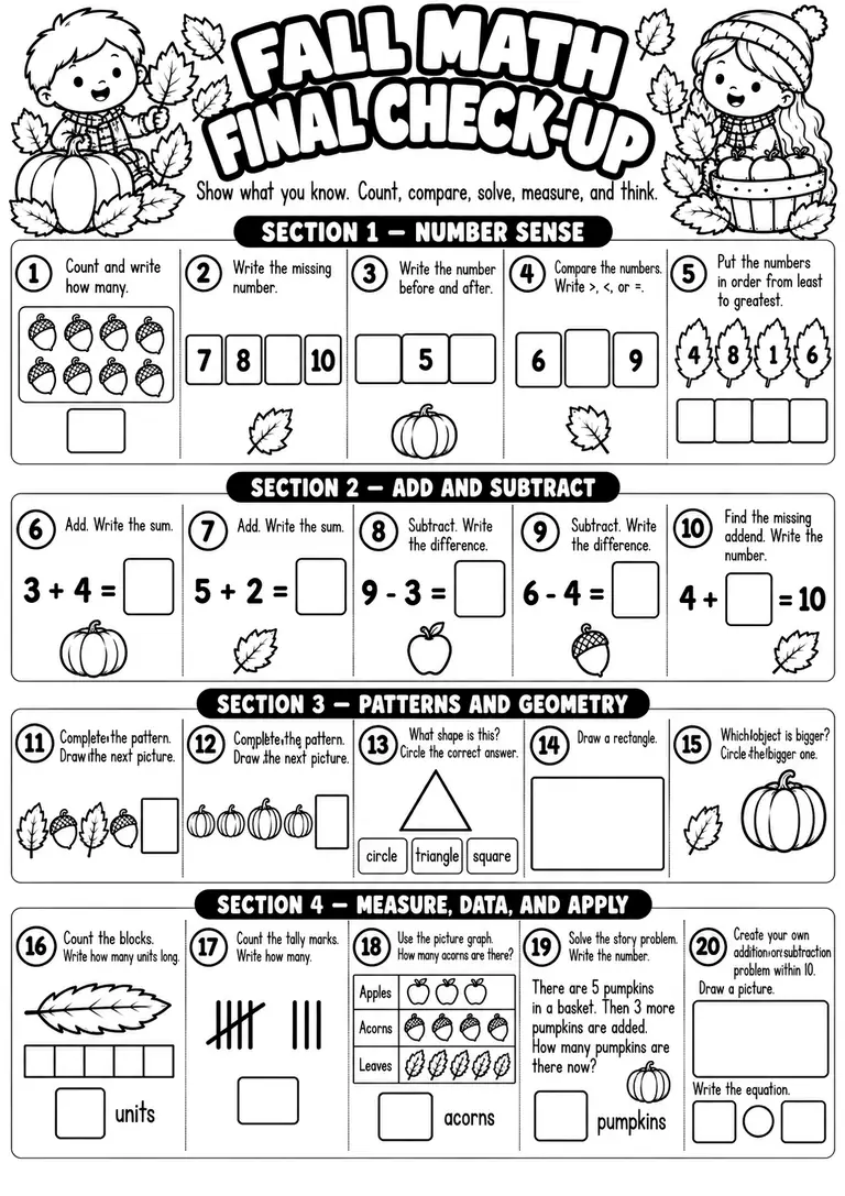 Fall Math Final Check-Up for Kindergarten, 1st Grade