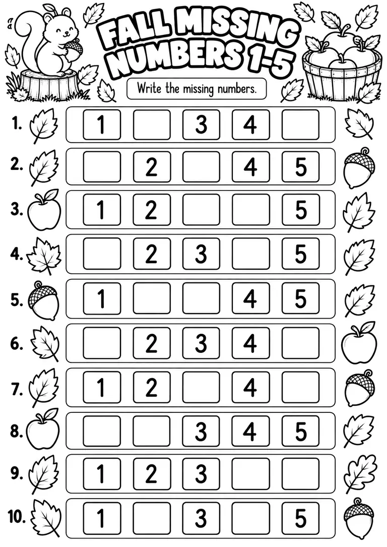 FALL MISSING NUMBERS 1–5 for Kindergarten, 1st Grade