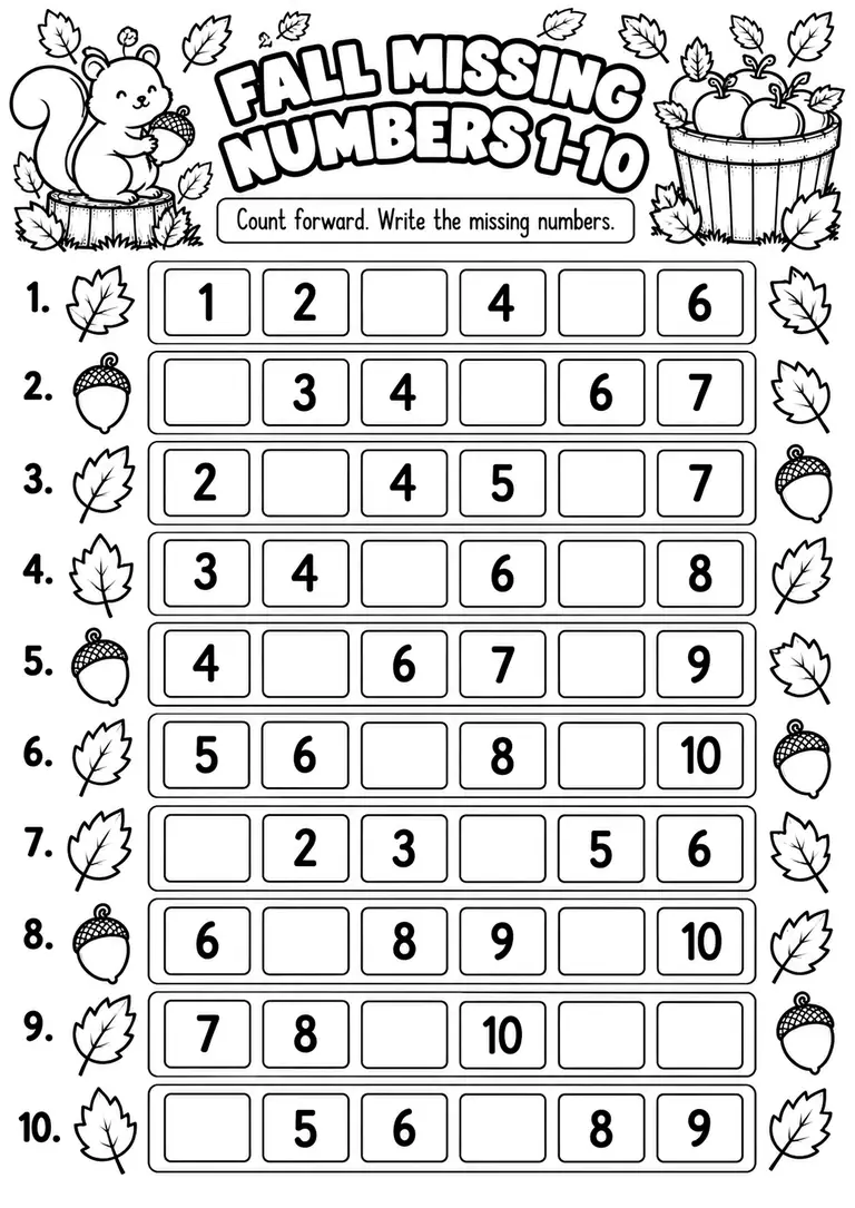 FALL MISSING NUMBERS 1–10 for Kindergarten, 1st Grade