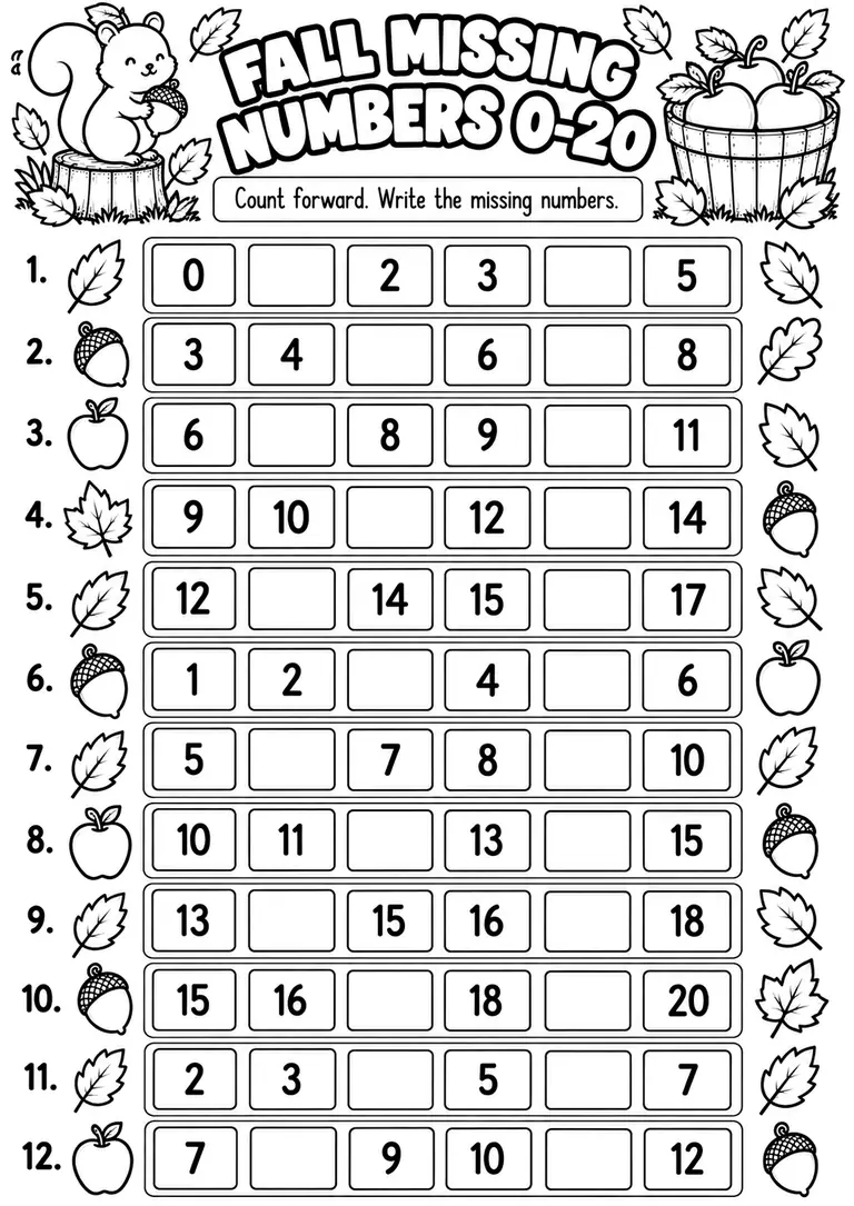 FALL MISSING NUMBERS 0–20 for Kindergarten, 1st Grade