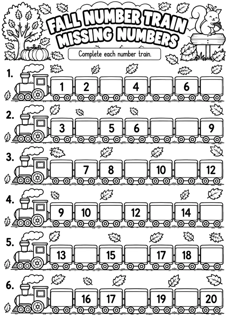 FALL NUMBER TRAIN MISSING NUMBERS for Kindergarten, 1st Grade