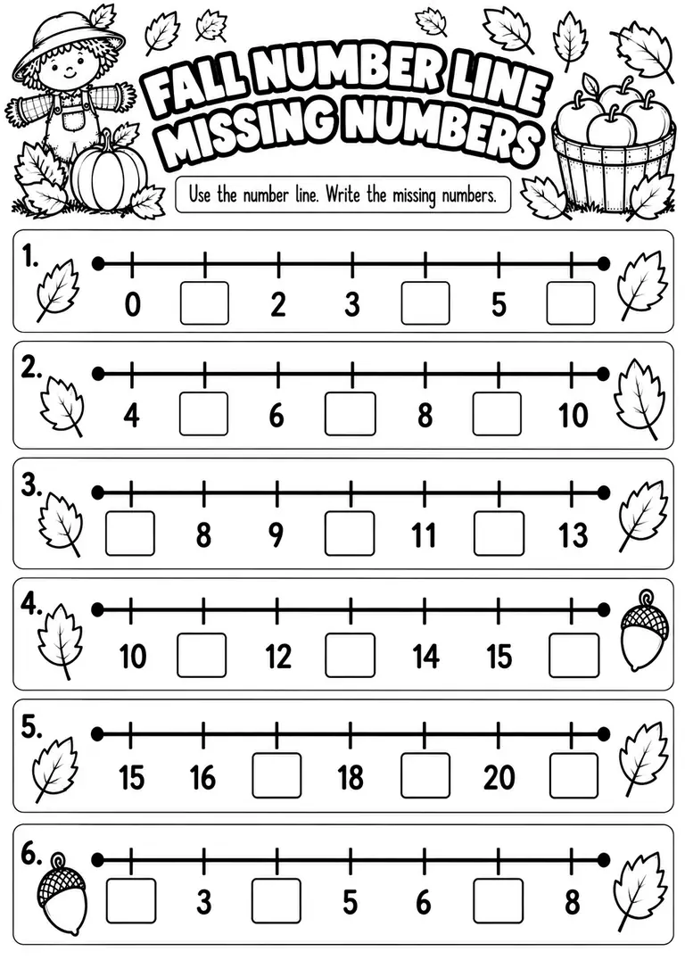 FALL NUMBER LINE MISSING NUMBERS for Kindergarten, 1st Grade