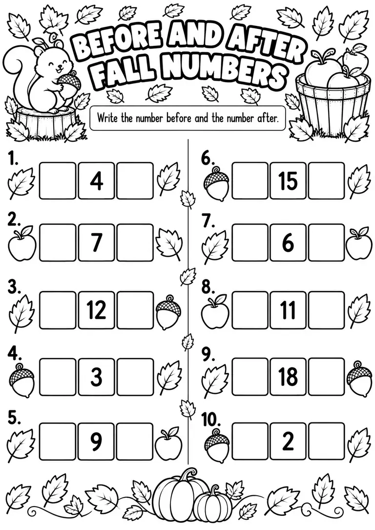 BEFORE AND AFTER FALL NUMBERS WORKSHEET for Kindergarten, 1st Grade