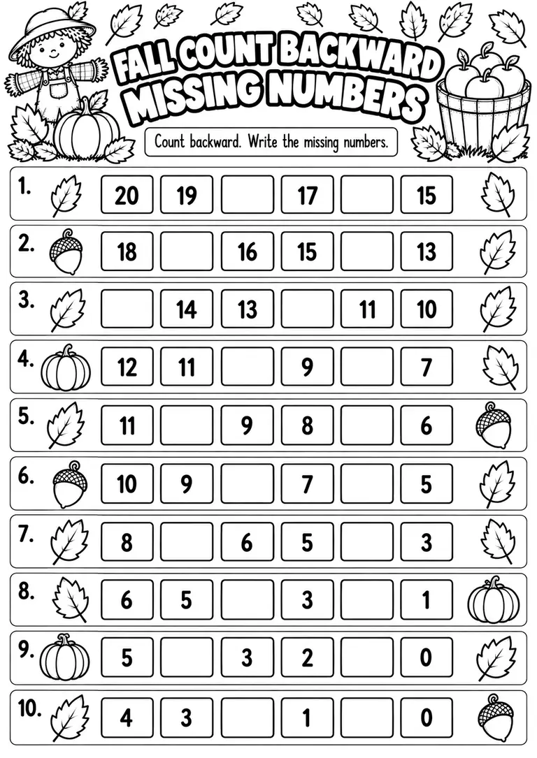 FALL COUNT BACKWARD MISSING NUMBERS for Kindergarten, 1st Grade