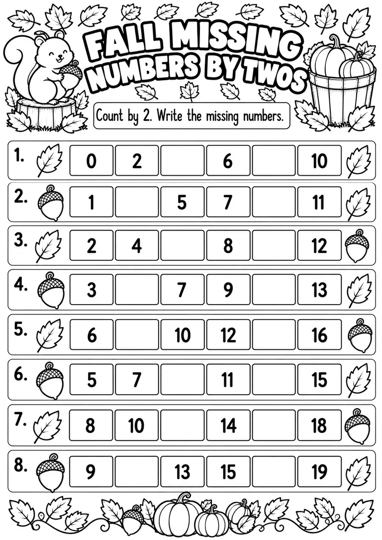 FALL MISSING NUMBERS BY TWOS for Kindergarten, 1st Grade