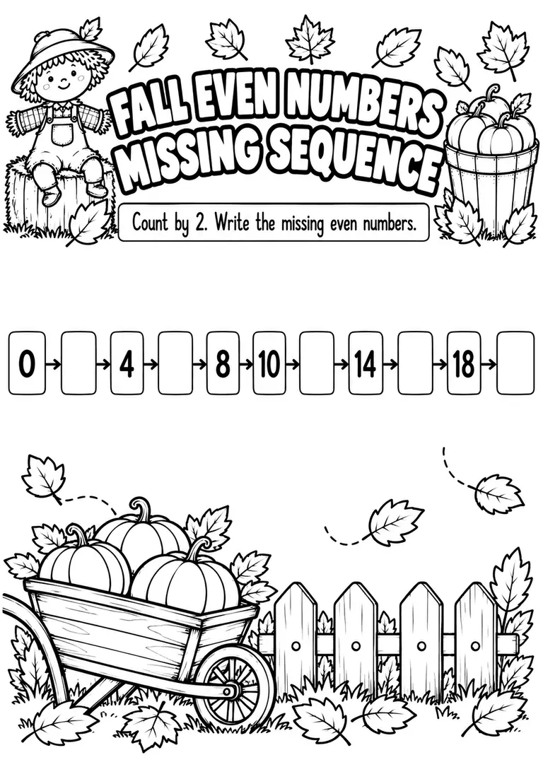 FALL EVEN NUMBERS MISSING SEQUENCE for Kindergarten, 1st Grade