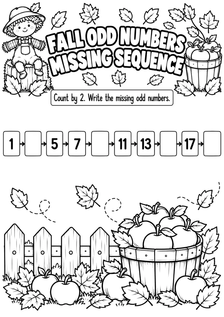 FALL ODD NUMBERS MISSING SEQUENCE for Kindergarten, 1st Grade