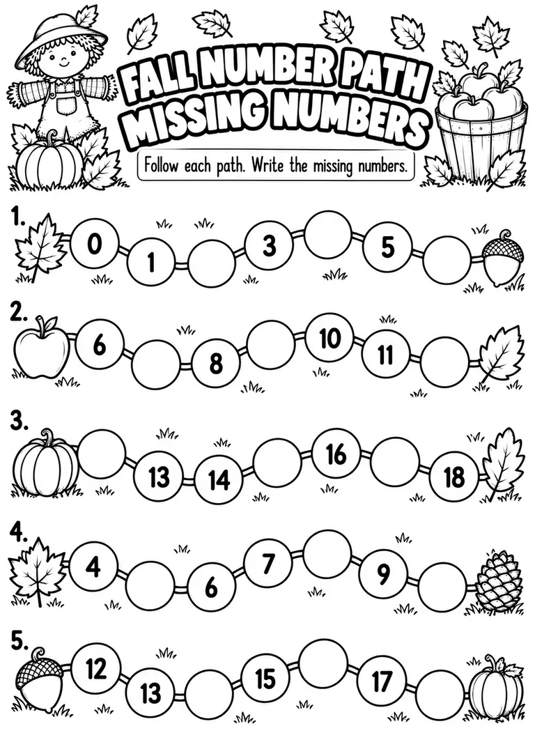 FALL NUMBER PATH MISSING NUMBERS for Kindergarten, 1st Grade