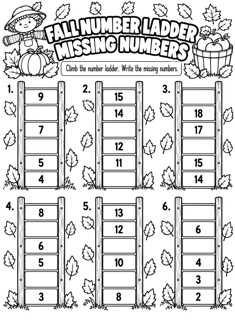 FALL NUMBER LADDER MISSING NUMBERS for Kindergarten, 1st Grade