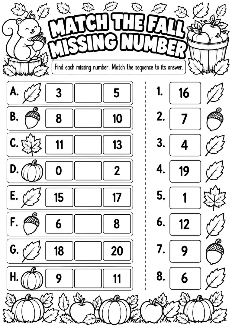 MATCH THE FALL MISSING NUMBER for Kindergarten, 1st Grade