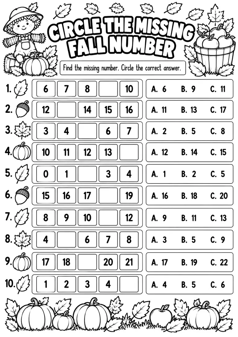 CIRCLE THE MISSING FALL NUMBER for Kindergarten, 1st Grade