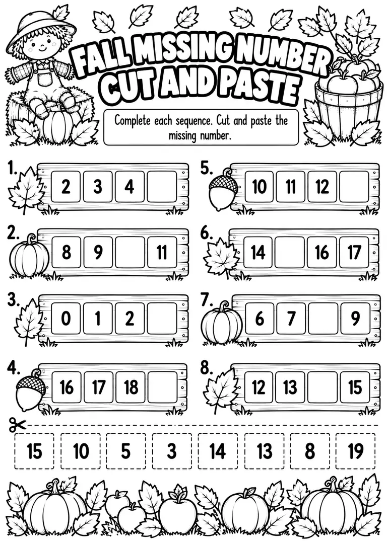 FALL MISSING NUMBER CUT AND PASTE for Kindergarten, 1st Grade