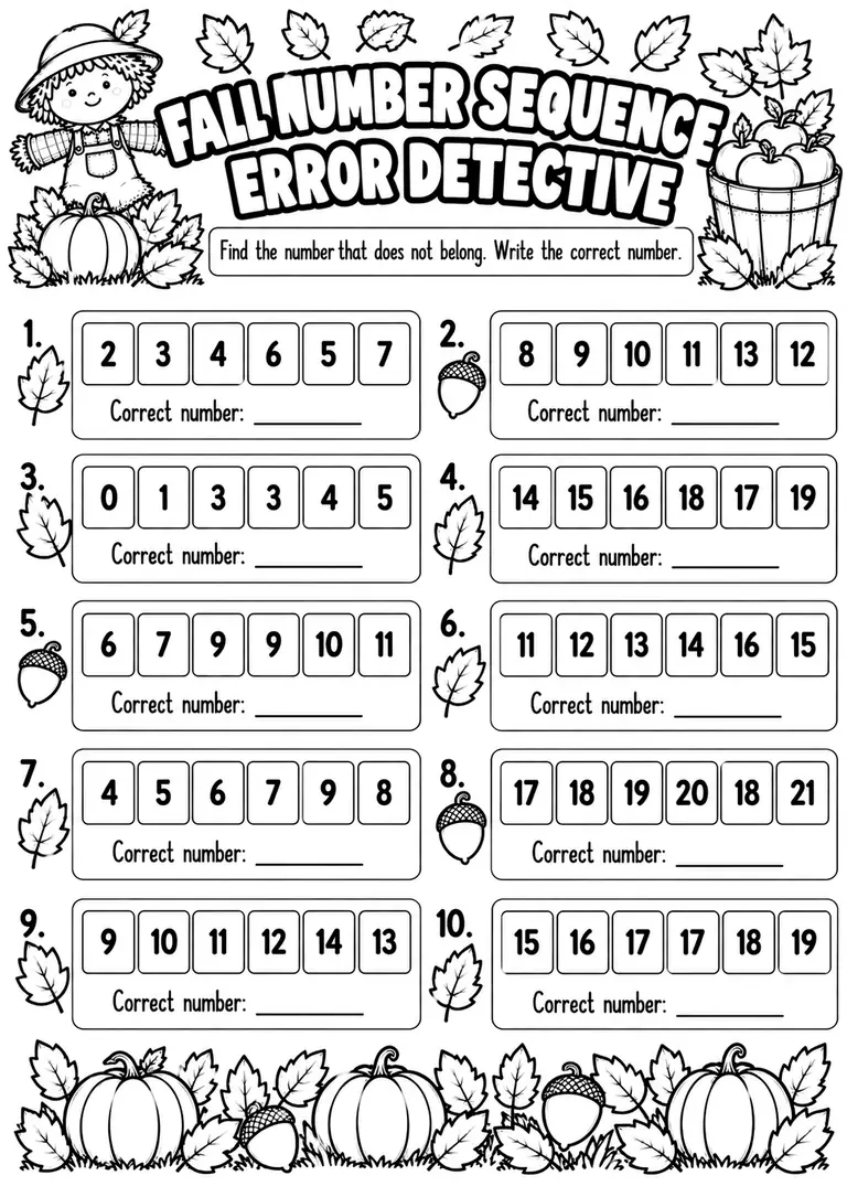 FALL NUMBER SEQUENCE ERROR DETECTIVE for Kindergarten, 1st Grade