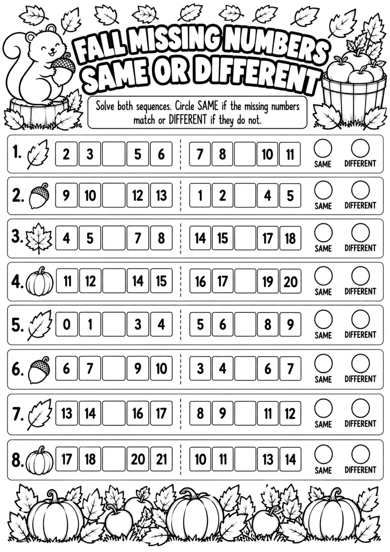 FALL MISSING NUMBERS SAME OR DIFFERENT for Kindergarten, 1st Grade