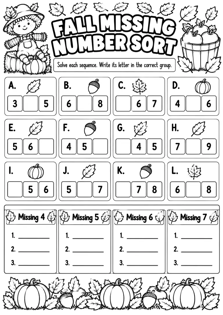 FALL MISSING NUMBER SORT for Kindergarten, 1st Grade