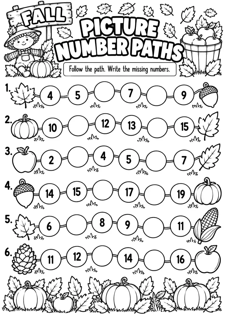 FALL PICTURE NUMBER PATHS for Kindergarten, 1st Grade