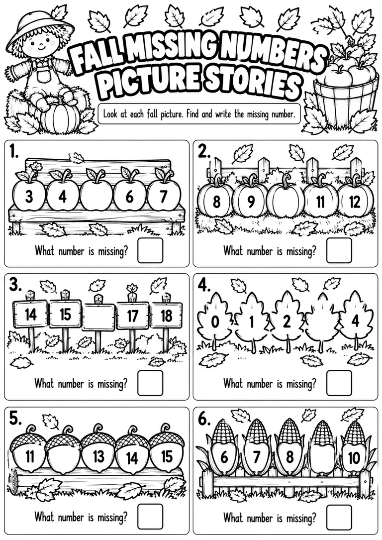 FALL MISSING NUMBERS PICTURE STORIES for Kindergarten, 1st Grade