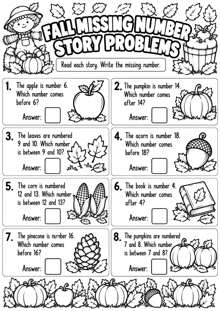 FALL MISSING NUMBER STORY PROBLEMS for Kindergarten, 1st Grade