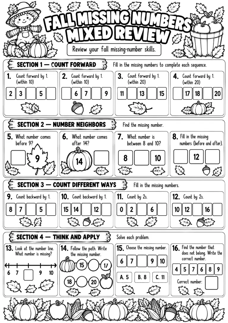 FALL MISSING NUMBERS MIXED REVIEW for Kindergarten, 1st Grade