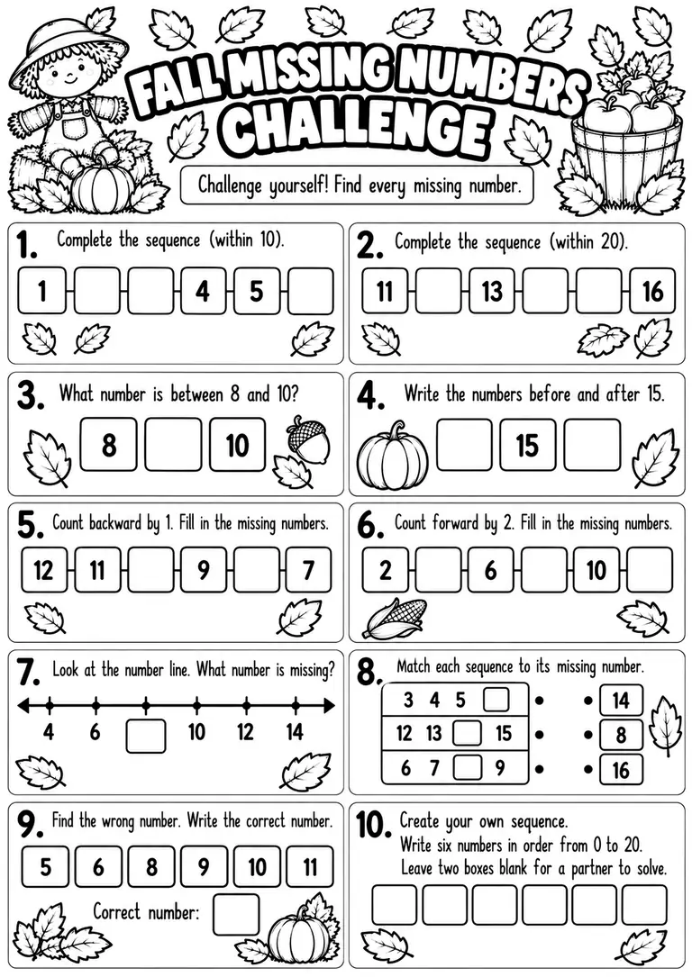 FALL MISSING NUMBERS CHALLENGE for Kindergarten, 1st Grade