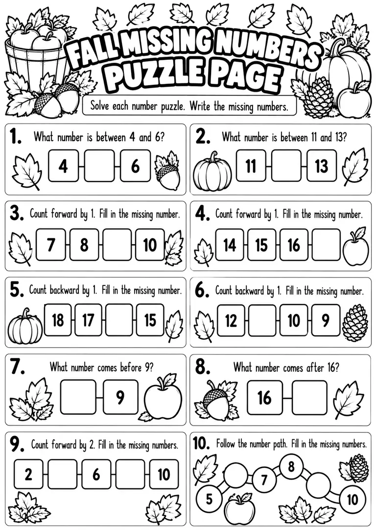 FALL MISSING NUMBERS PUZZLE PAGE for Kindergarten, 1st Grade